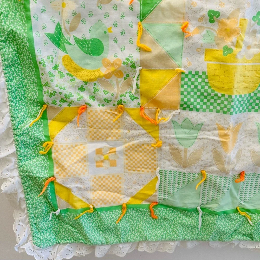 Vintage 1970's mushroom floral butterfly baby pastel blanket